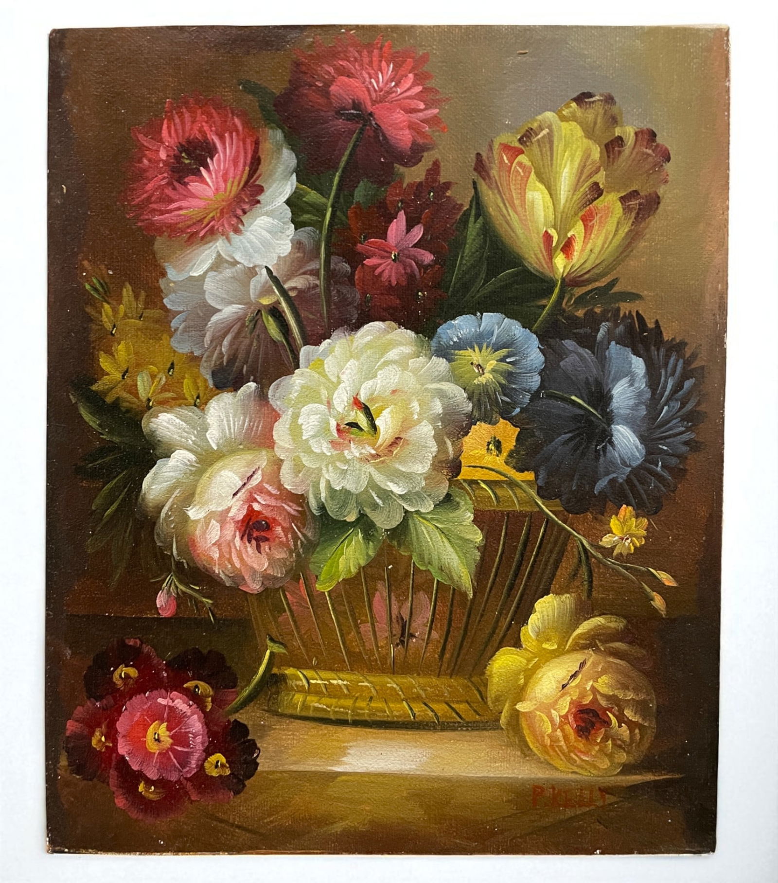 Hall Kevin (20th century) – Bouquet in a wicker basket – Oil on panel Superb floral still life (1 of 4)