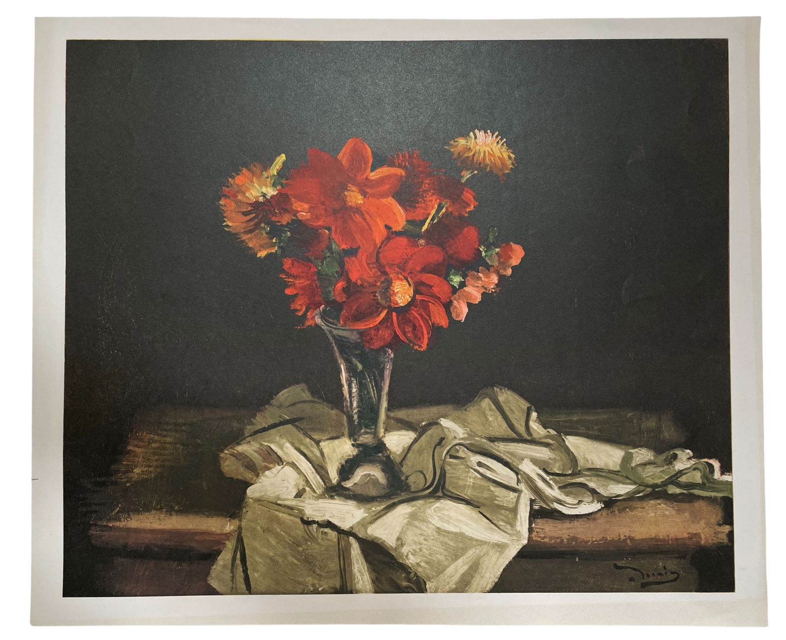 AndrE Derain (1880–1954) – Bouquet rouge – Lithograph Elegant lithograph depicting a vase: AndrE Derain (1880–1954) – Bouquet rouge – Lithograph Elegant lithograph depicting a vase filled with vibrant flowers placed on a drape. The contrast between the vivid reds of the bouquet and th