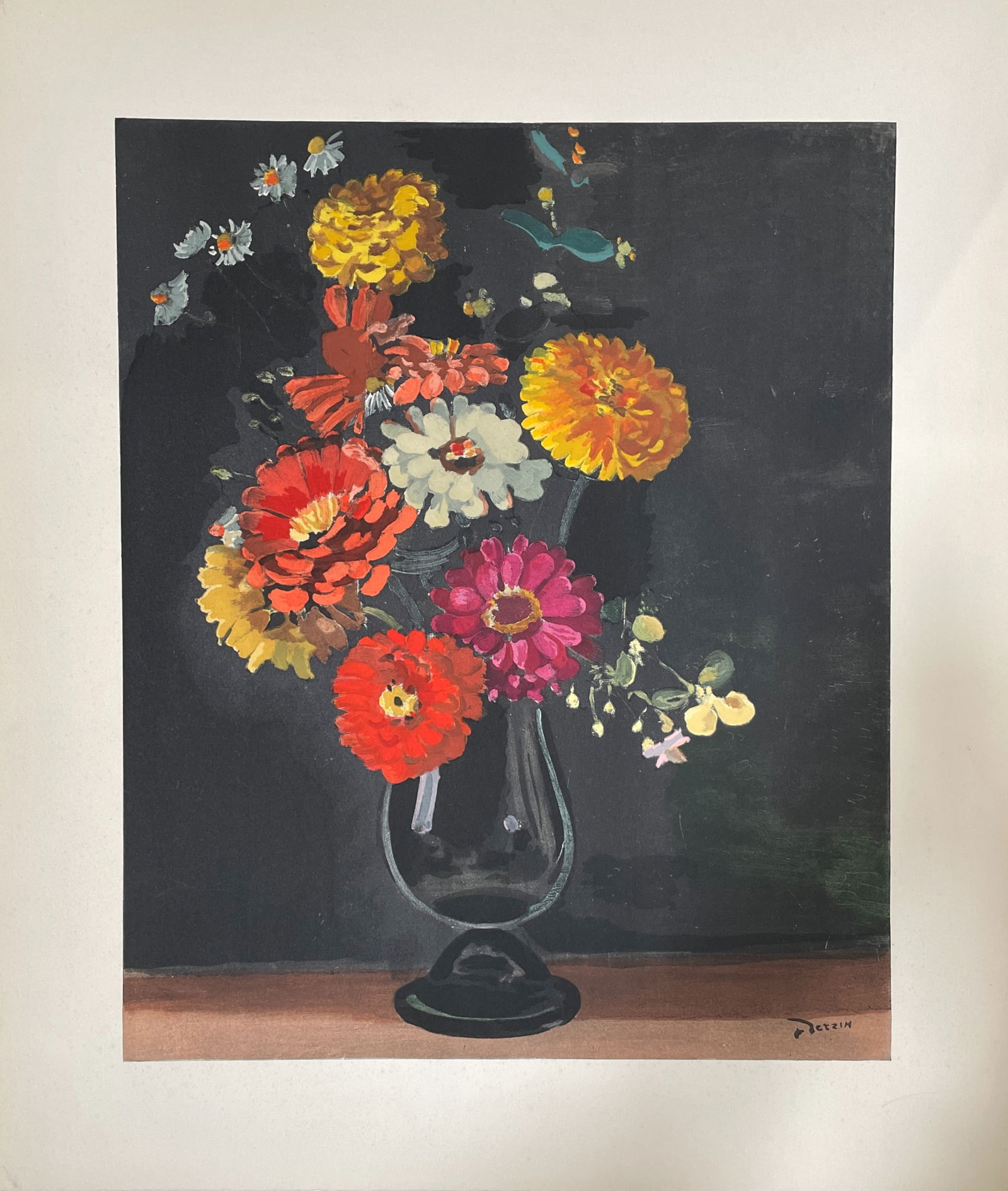 AndrE Derain (1880–1954) – Bouquet of Zinnias – Lithograph A superb color lithograph depicting: AndrE Derain (1880–1954) – Bouquet of Zinnias – Lithograph A superb color lithograph depicting a vibrant bouquet of zinnias in a glass vase. AndrE Derain, a master of Fauvism, uses rich, contras