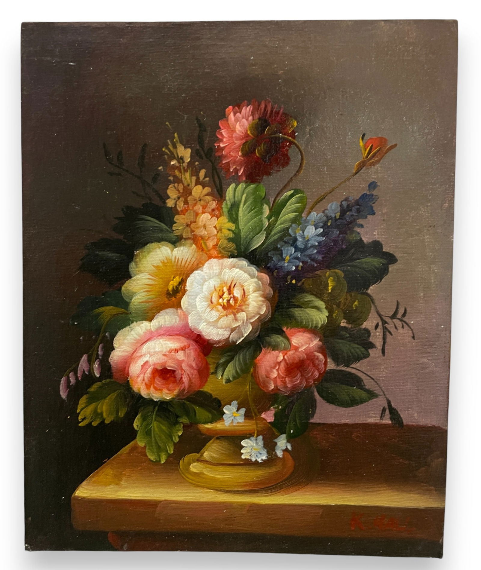 Kevin Hall (20th century) – Bouquet of Flowers – Oil on panel Rich floral arrangement featuring (1 of 4)