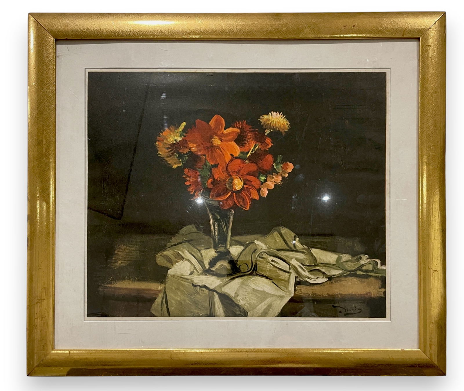 Andre Derain (1880–1954) – Vase of Red Flowers – Lithograph after an oil painting: Andre Derain (1880–1954) – Vase of Red Flowers – Lithograph after an oil painting by AndrE Derain depicting a vase of red flowers placed on a pleated tablecloth. The classical composition, the r