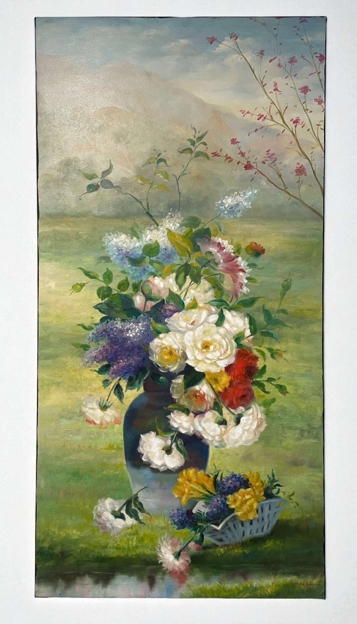 Modern School (20th century) – Roses in a Blue Vase – Oil on canvas Superb still life depicting: Modern School (20th century) – Roses in a Blue Vase – Oil on canvas Superb still life depicting a bouquet of roses and various flowers in an elegant blue vase, against a delicately sketched landsc