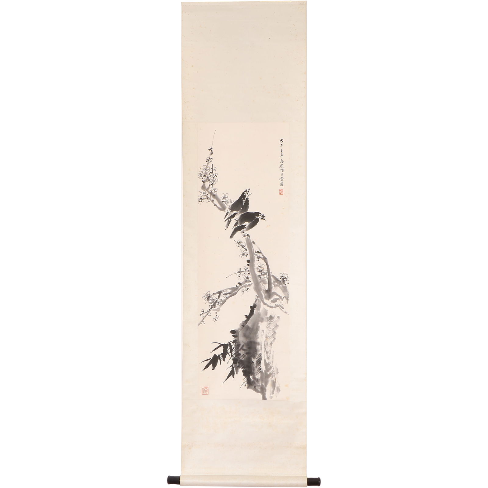 A Chinese Painting, Signed by Zhang Zhao: A Chinese painting signed by Zhang Zhao in ink on paper, depicting two birds in a tree, with two seals. Hanging scroll. H:101cm W:33cm (painting)