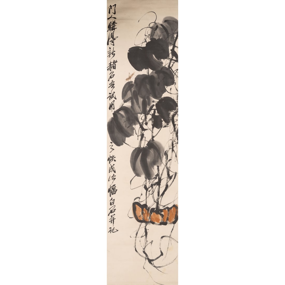 Qi Baishi, "Painting of Pumpkins and Grasshopper": Qi Baishi (1864-1957), "Painting of Pumpkins", ink and colour on paper, hanging scroll, signed. 134 x 34 cm