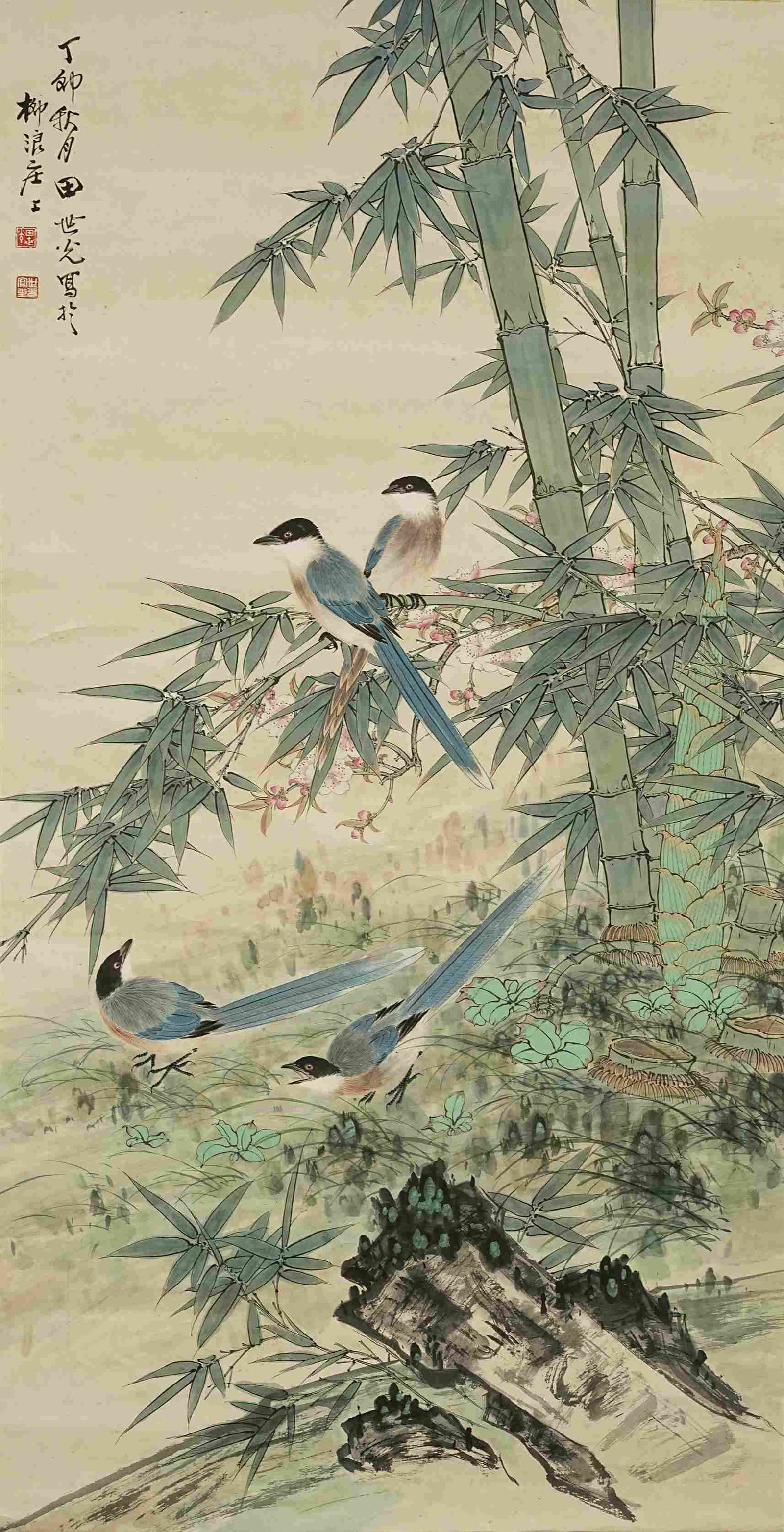 Tian Shiguang - Bamboo and Birds: 130cm x 66cm. Tian Shiguang (1916–1999) was a Chinese painter known for his work in flower-and-bird painting during the twentieth century. Trained in traditional Chinese painting, his practice frequ