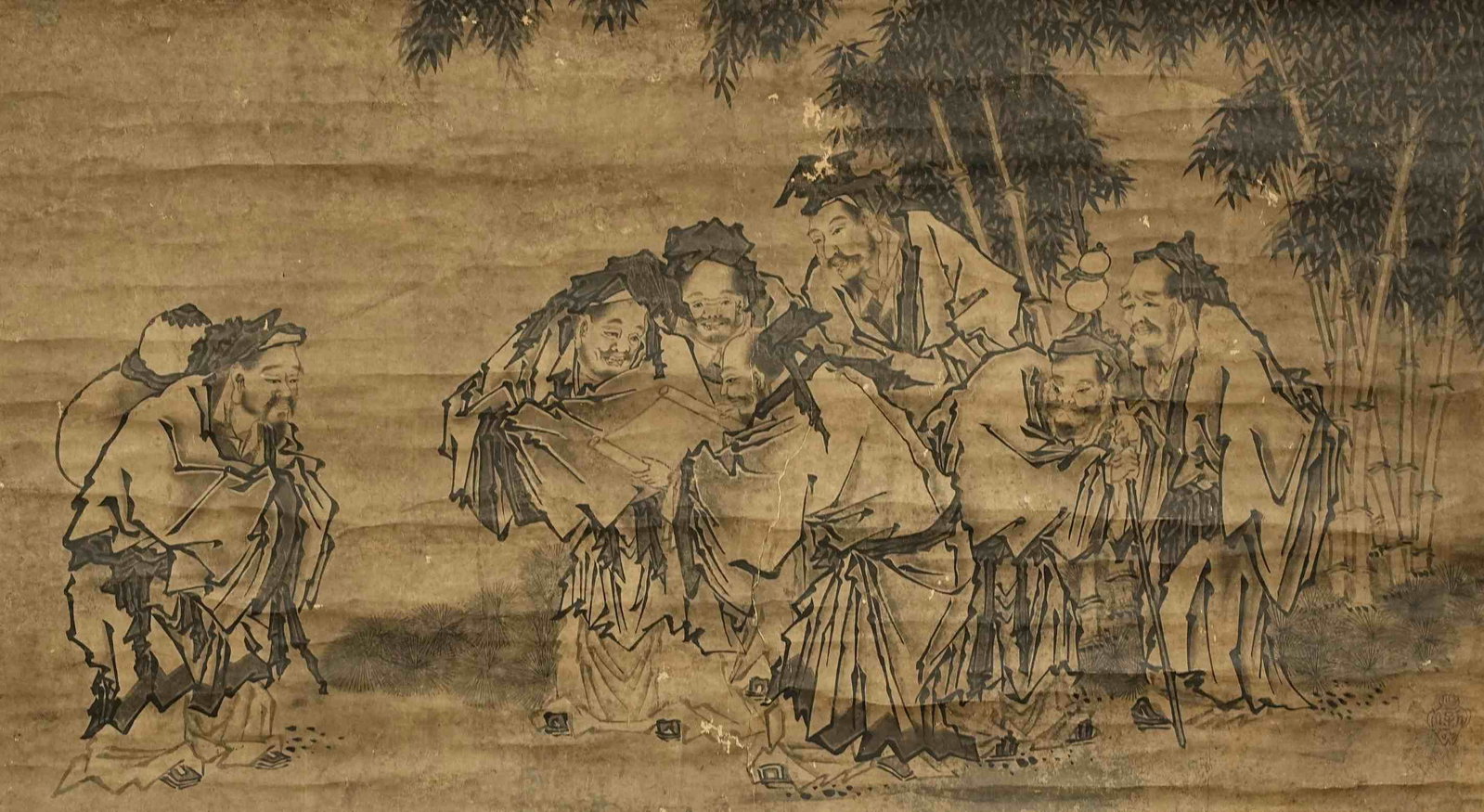 Anonymous - The Seven Sages of the Bamboo Grove: 39cm x 70cm. The subject of the Seven Sages of the Bamboo Grove derives from a long-standing theme in Chinese painting and literary culture, referring to a group of third-century scholars associated