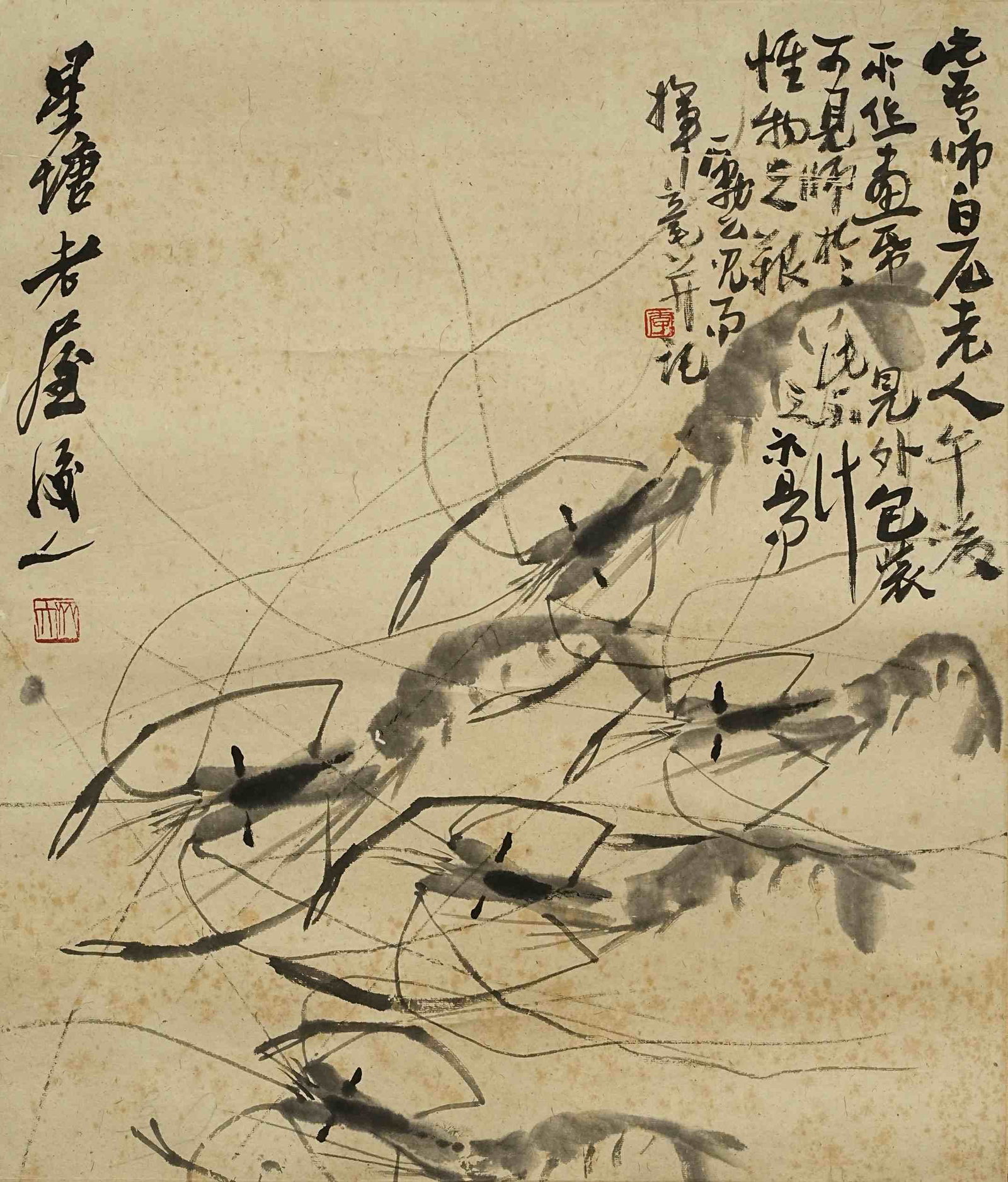 Qi Baishi - Shrimp: 60cm x 51cm. Qi Baishi (1864–1957) was a Chinese painter, calligrapher, and seal carver active during the late Qing and Republican periods. His work frequently engaged with natural subjects through 