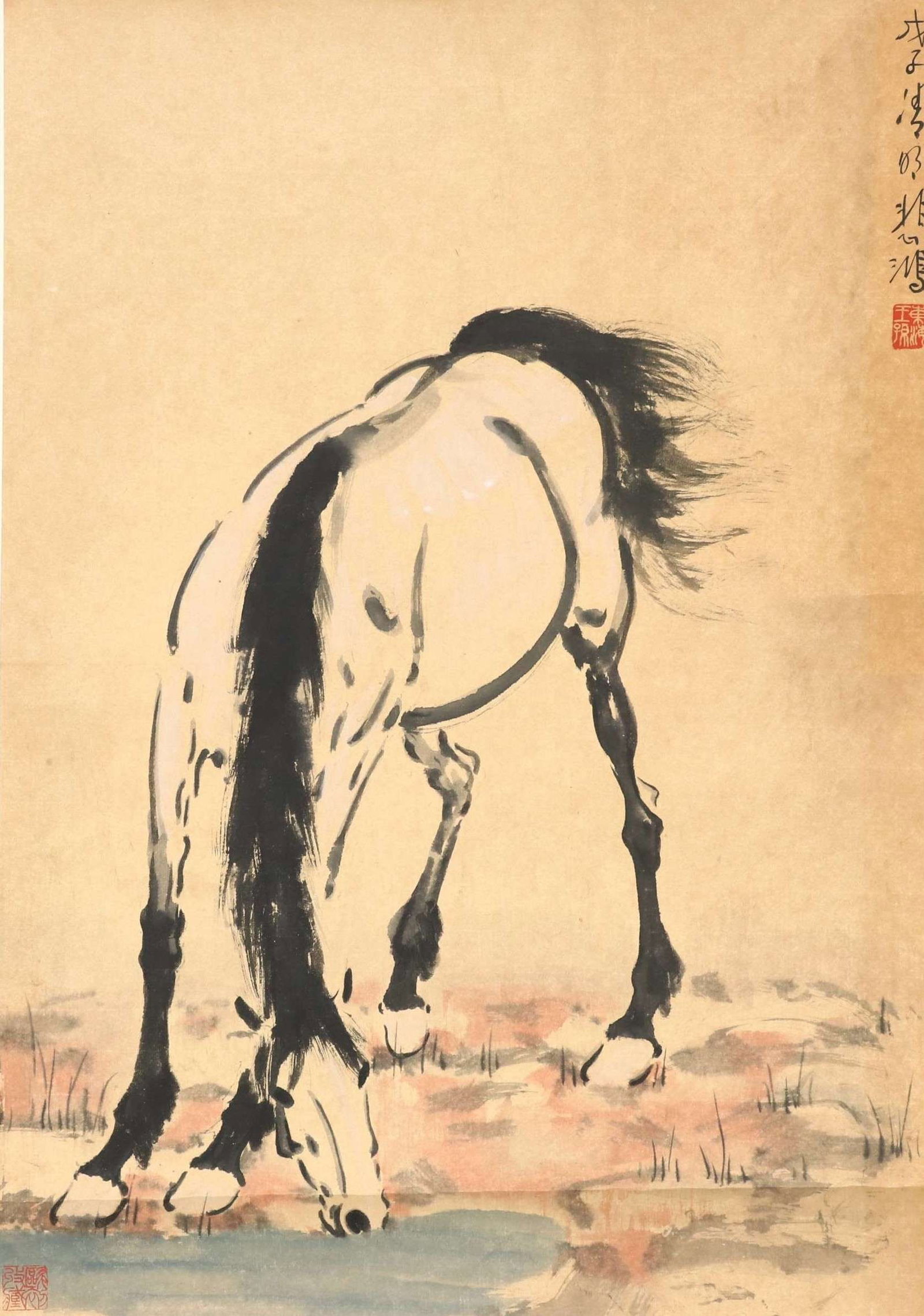 Xu Beihong - Horse: 42cm x 60.5cm.Xu Beihong (1895–1953) was a leading modern Chinese painter known for his depictions of horses, figures, and animals. His paintings frequently emphasize anatomical clarity, movement, a