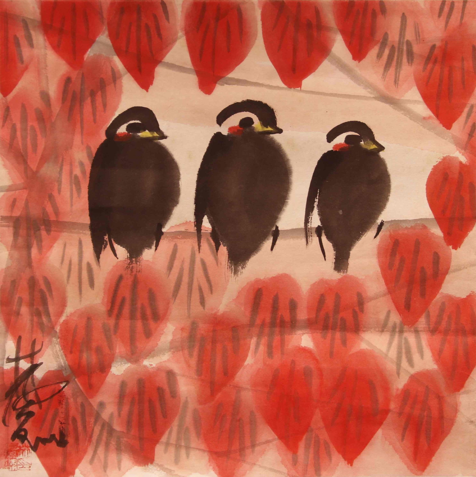 Lin Fengmian - Bird: 34cm x 34cm.Lin Fengmian (1900–1991) was a pioneering modern Chinese painter known for integrating traditional Chinese subjects with modern compositional sensibilities. His works often emphasize sim