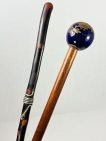 2 Ladies Walking Sticks Enameled Glass and Silver Snake
