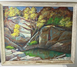 Paul E. Gray (1906-1999, New Hampshire) Modernist Oil on Board “Mica Mine"