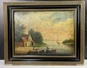 19th Century Oil on Board River Scene European School
