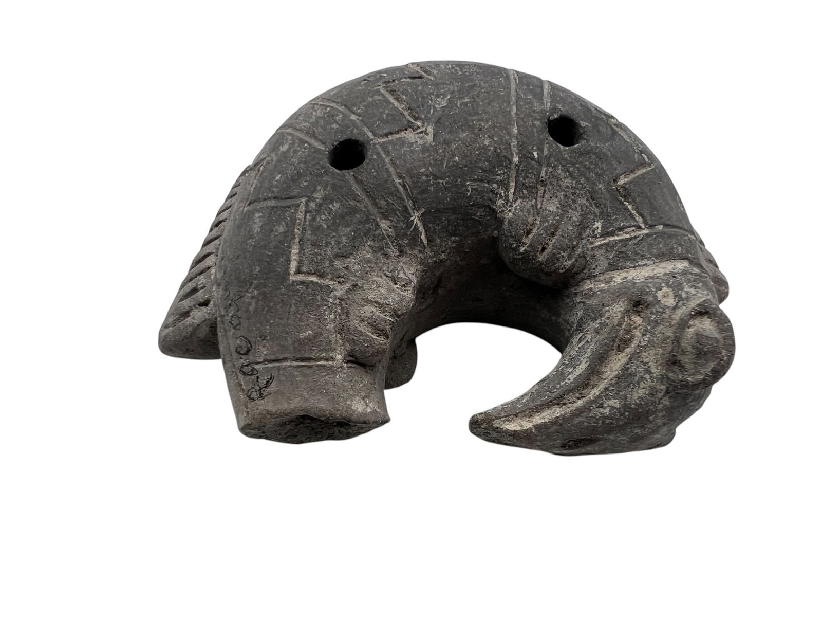 Ancient Mesoamerican Carved Stone Crescent Pendant - Pre-Columbian Artifact with Intricate Zigzag De (1 of 7)