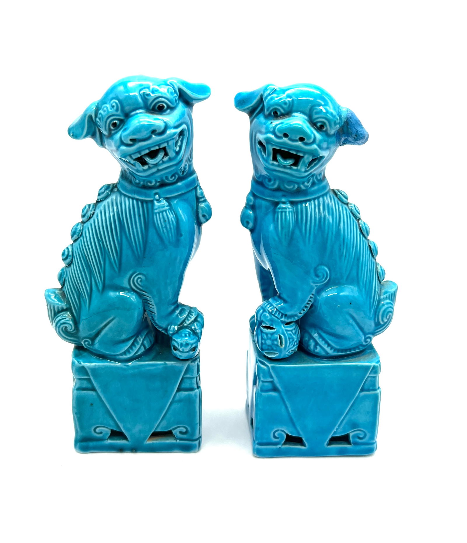 Pair of Antique Chinese Blue-Glazed Porcelain Foo Dogs Guardian Lion Statues (1 of 4)