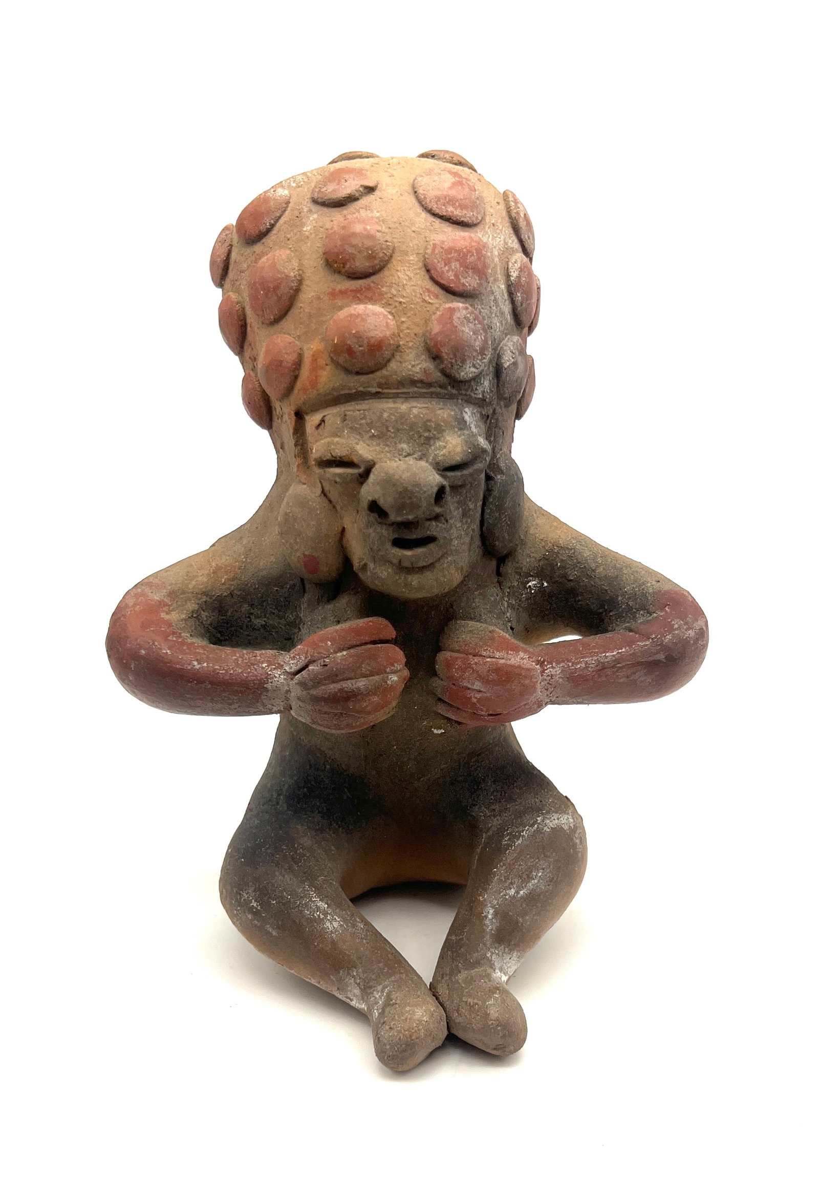 Ancient Mesoamerican Terracotta Figurine with Maize Headdress, Olmec/Maya Influence, c. 1200 BCE - 1: Up for auction is an extraordinary Mesoamerican clay figurine, a captivating relic from approximately 300 BCE to 1500 CE, likely originating from the Aztec, Maya, or a related culture. This seated fig