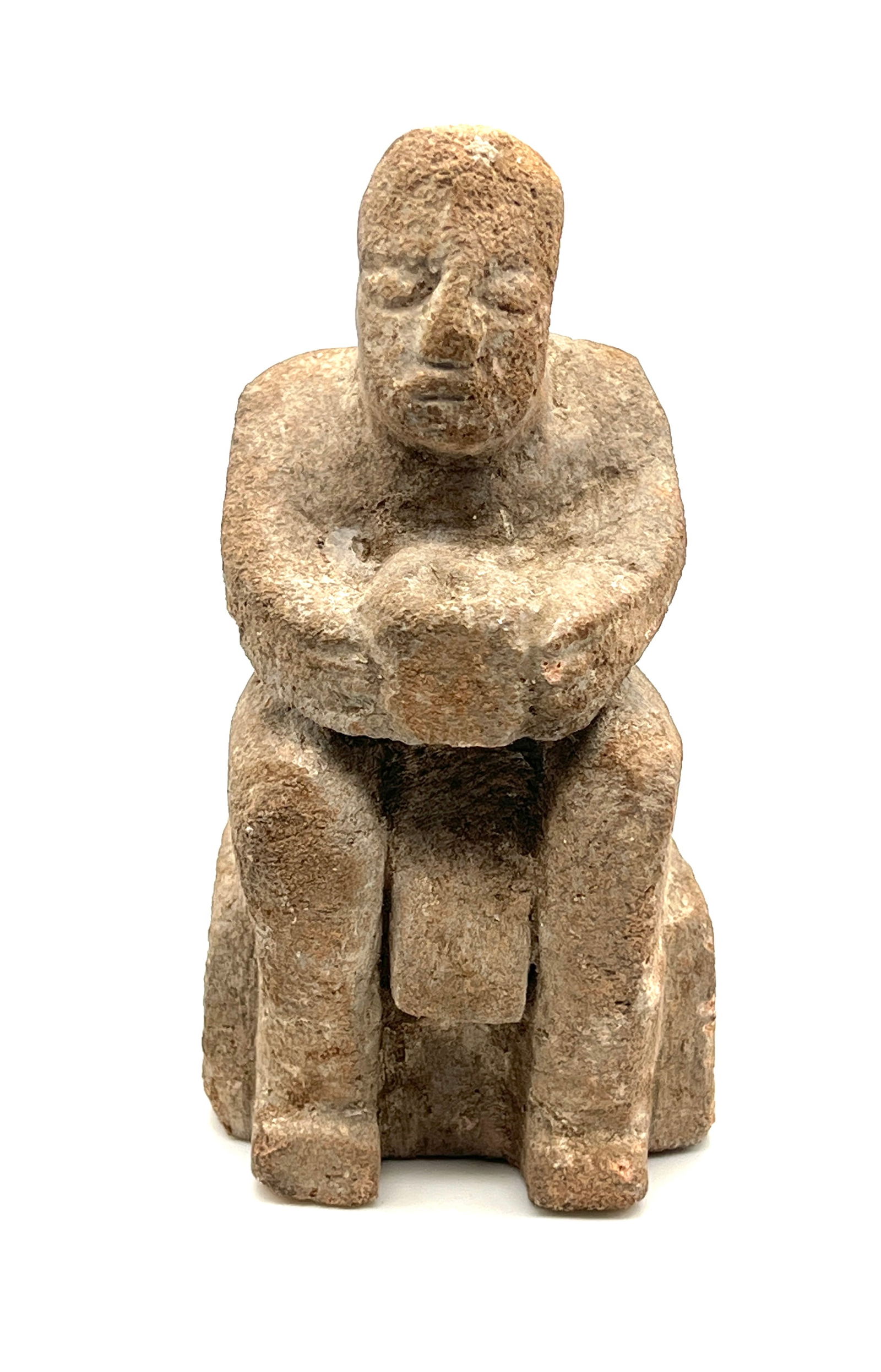 Ancient Seated Votive Figurine, Likely Mesopotamian or Mesoa: For auction is a rare ancient seated votive figurine, estimated to date between 3000â€“2000 BCE, crafted from reddish-brown clay or stone. Standing approximately 4 inches tall, this striking a