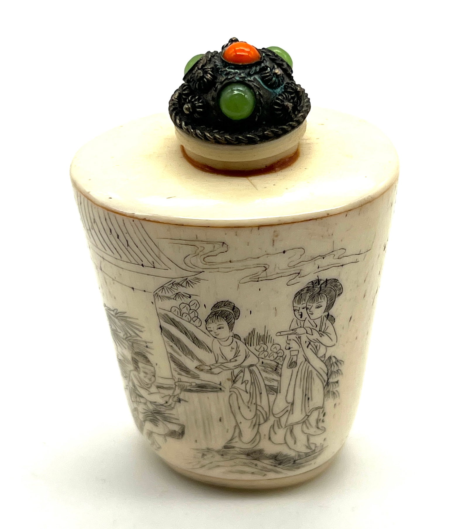 Antique Chinese Snuff Bottle: Asian Carved Bone Snuff Bottle with Orange/Green Gemstones on cap