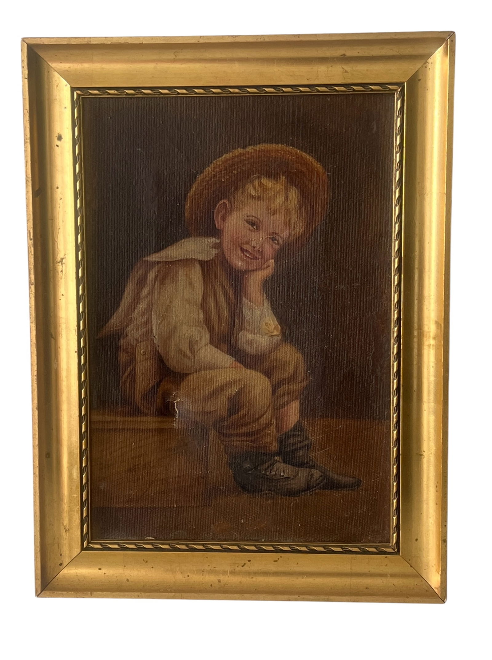 Exquisite Victorian-Era Oil on Canvas - "Boy in Hat Sitting on Trunk" (9x12) (1 of 4)