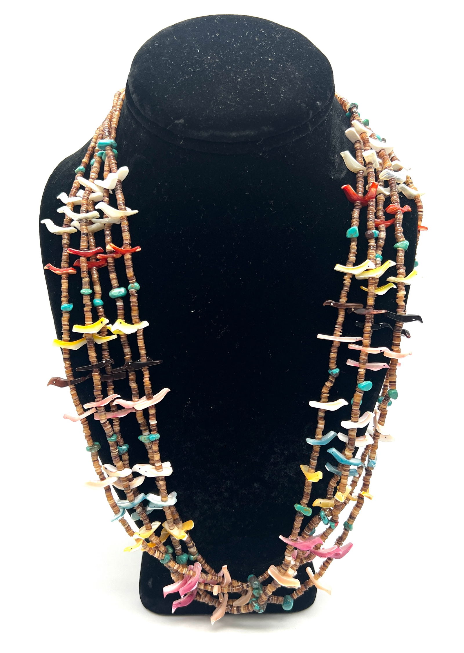 Vintage Multi-Strand Beaded Necklace with Colorful Shell Bird Pendants: Discover a stunning vintage multi-strand beaded necklace, a true statement piece for collectors and jewelry enthusiasts alike. This handcrafted treasure features six strands of earthy brown and tan be