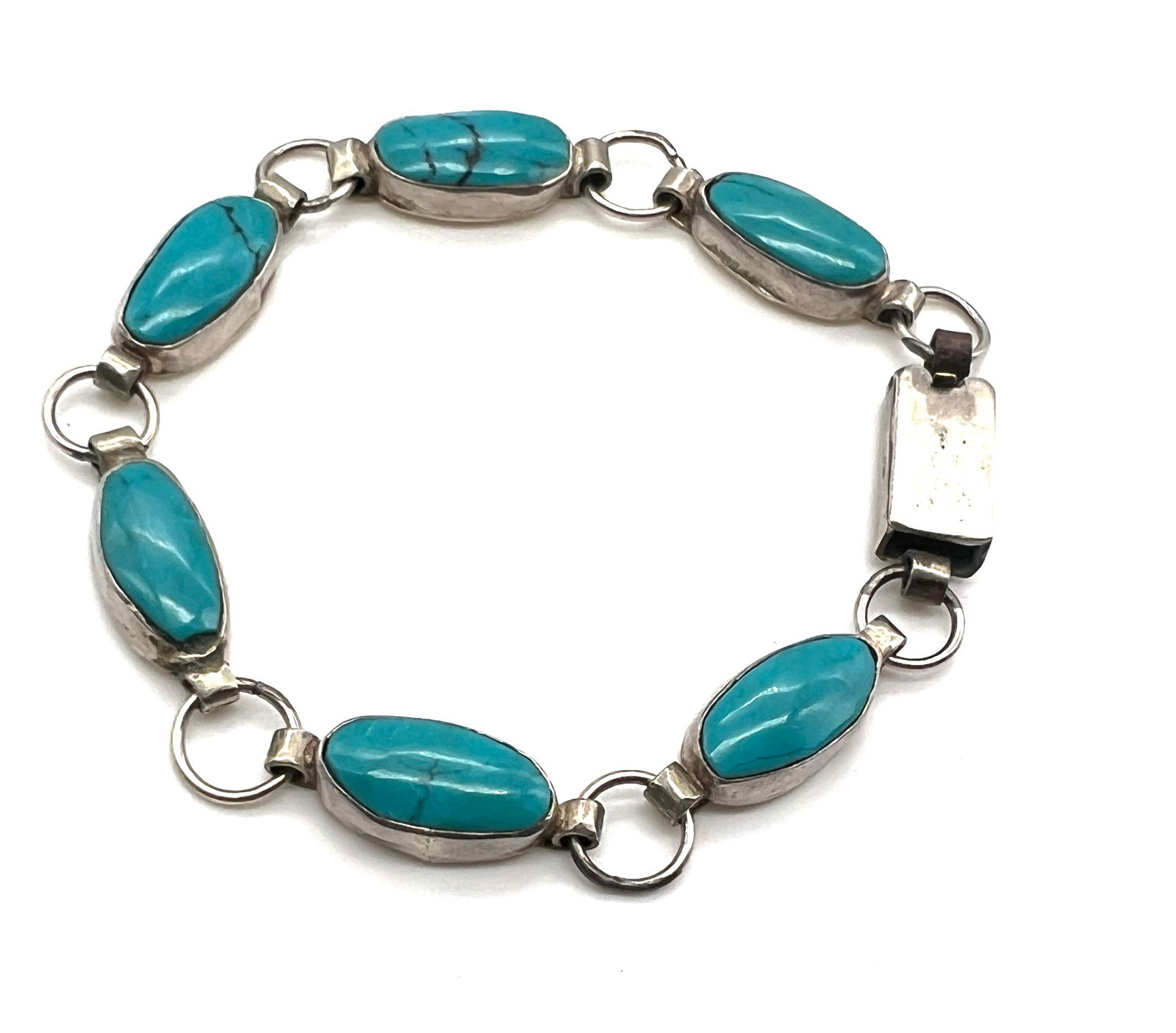 Vintage Handcrafted Turquoise and Silver Oval-Link Bracelet (1 of 4)