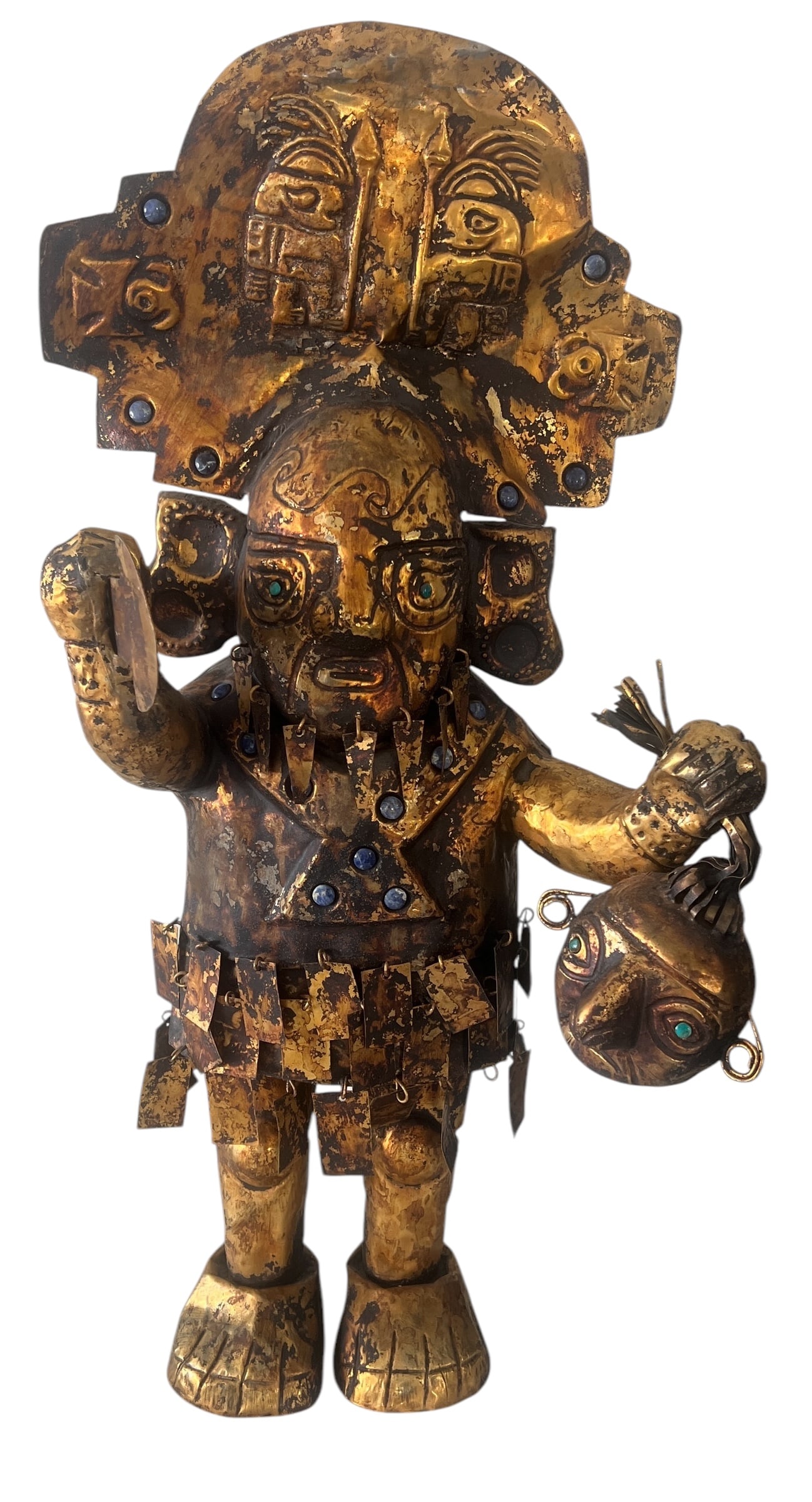 Rare Handcrafted Aztec-Style Gilded Warrior Statue with Turquoise Inlays (1 of 6)