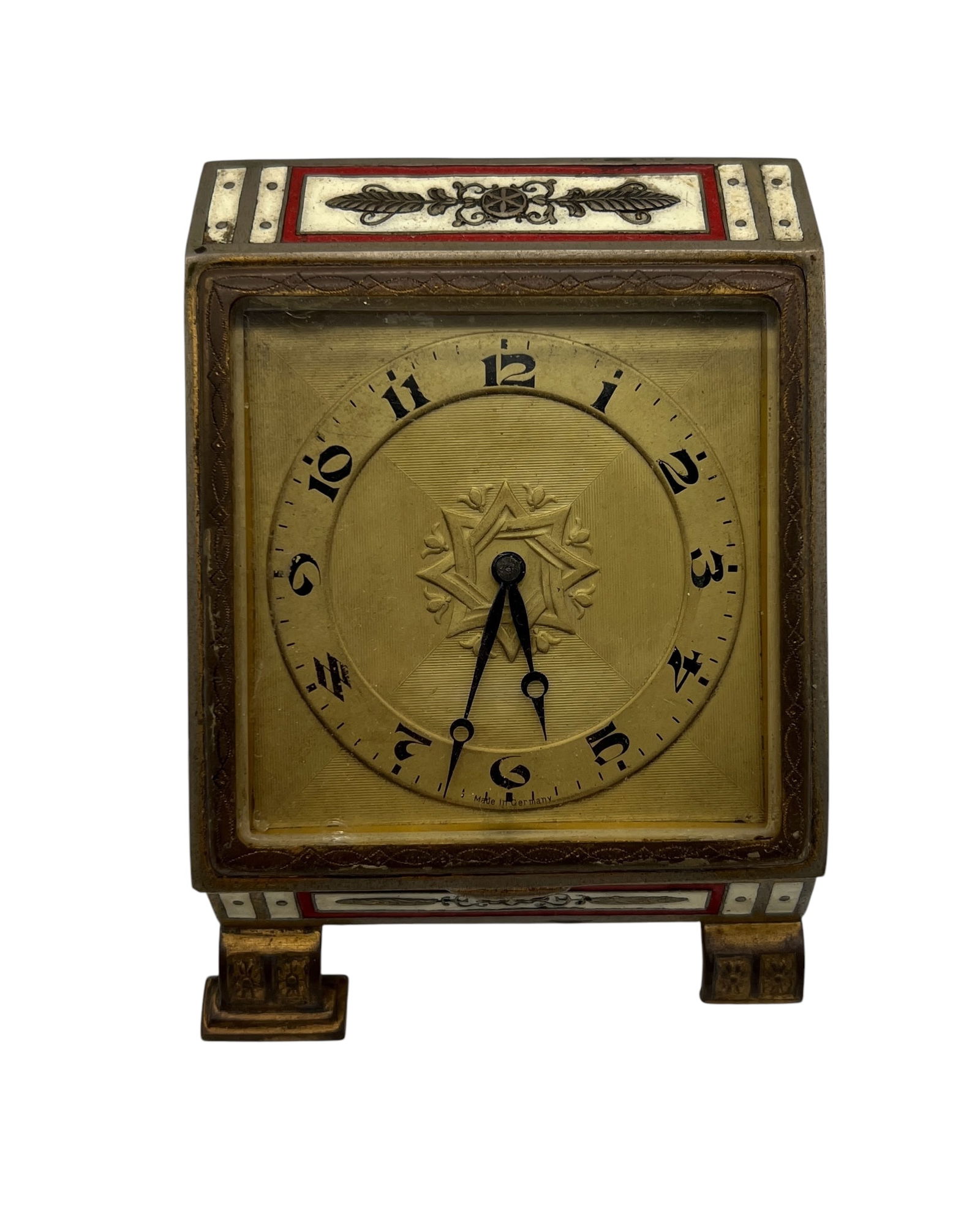 Art Deco Guilloche Effect Sunburst 8cm Desktop Bedside Mantle Clock, Decorative Inlay (1 of 4)