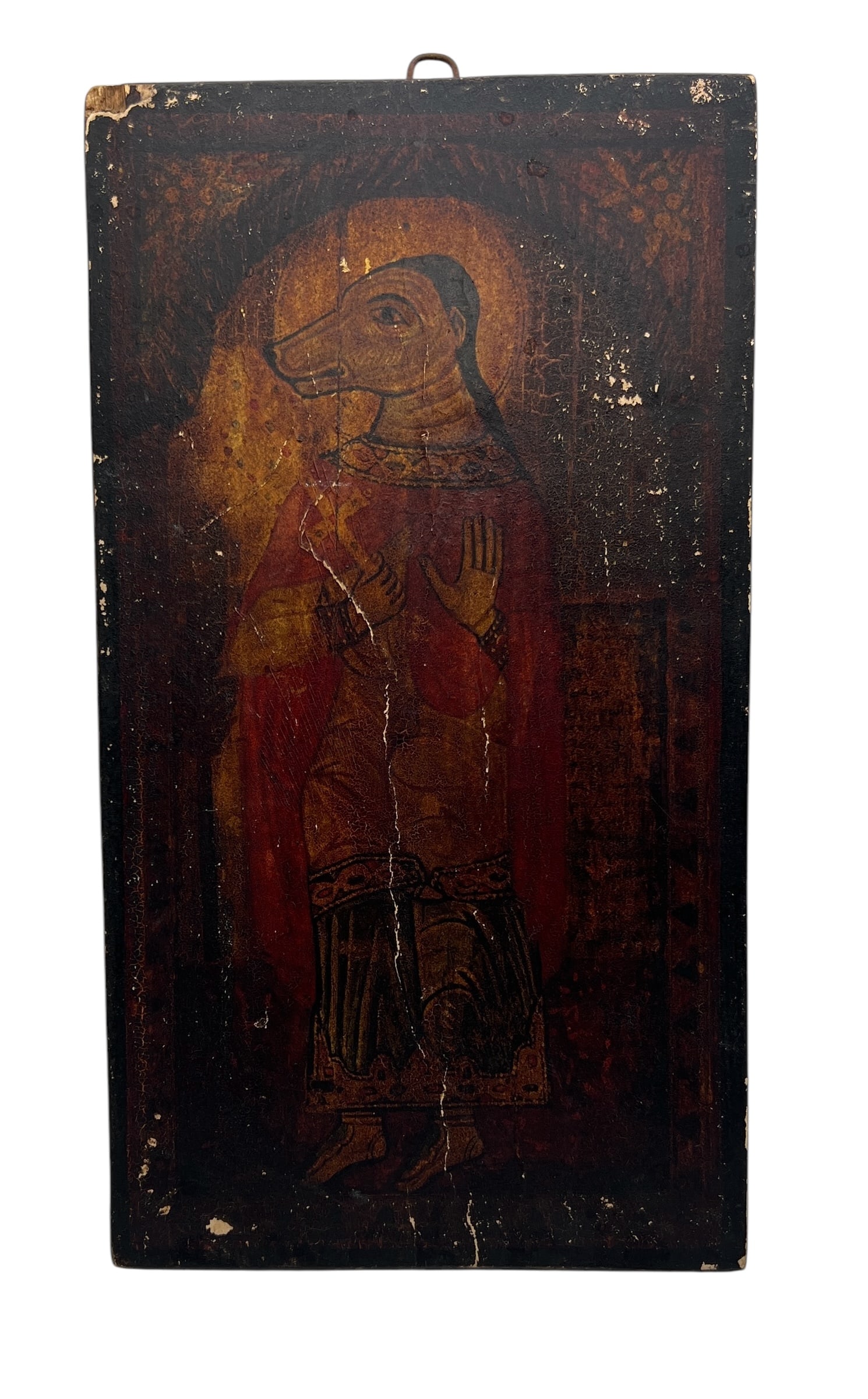 Antique Folk Art Panel, Dog-Headed Saint, Distressed Paint, Likely Russian or Eastern European (1 of 3)