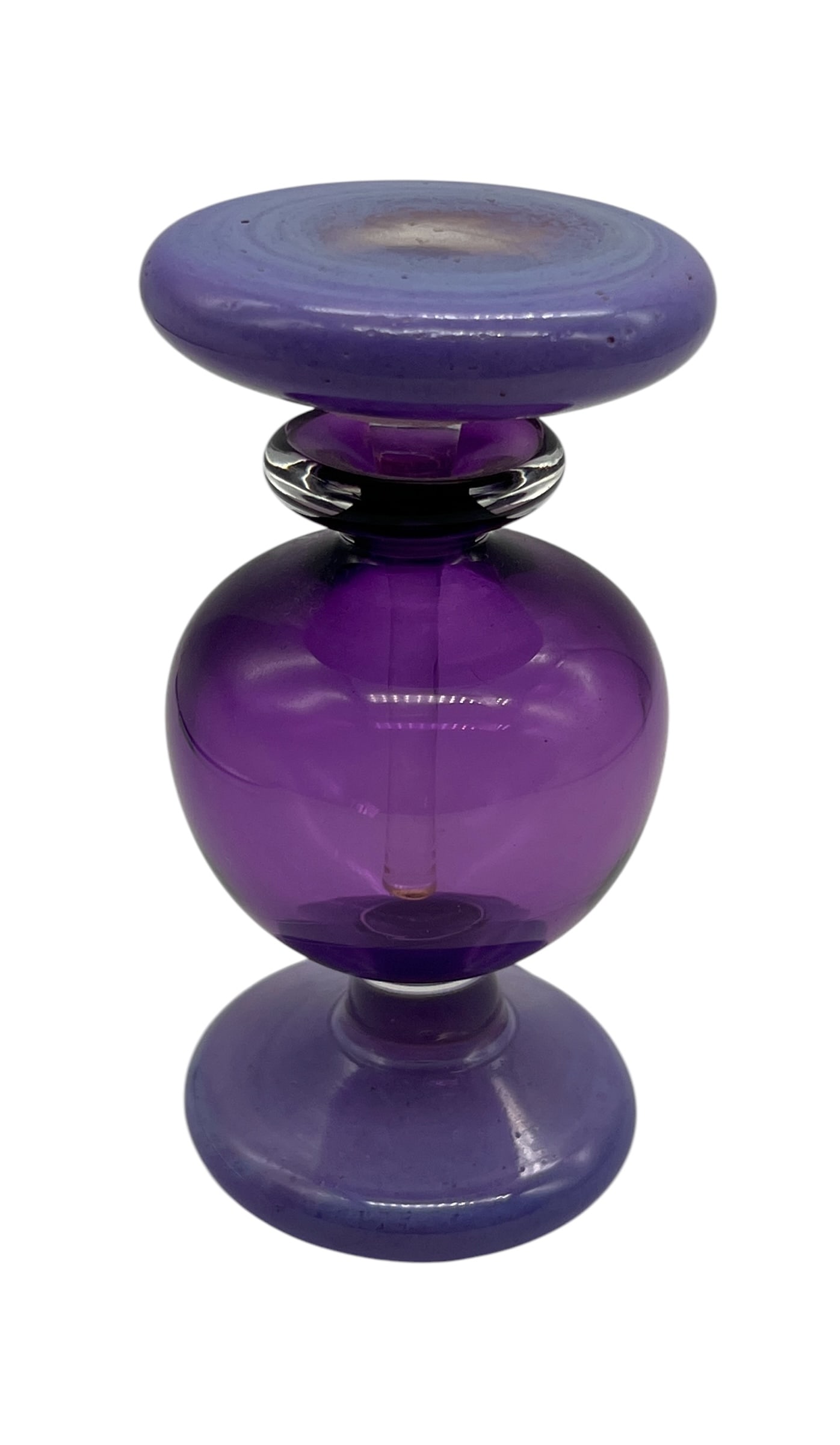 Amethyst Art Glass Scent Bottle, Two-Part Design, Hand-Blown, Original Stopper: This exquisite amethyst art glass scent bottle features a unique two-part design with a spherical body and a separate, flared stopper, both hand-blown in a rich amethyst hue. The bottle's distinctive