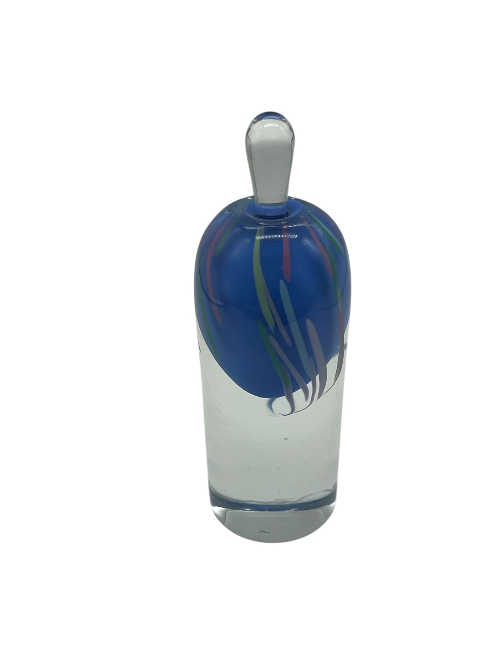 Art Glass Scent Bottle, Blue & Multi-Colored Swirls, Clear Base, Original Stopper (1 of 3)