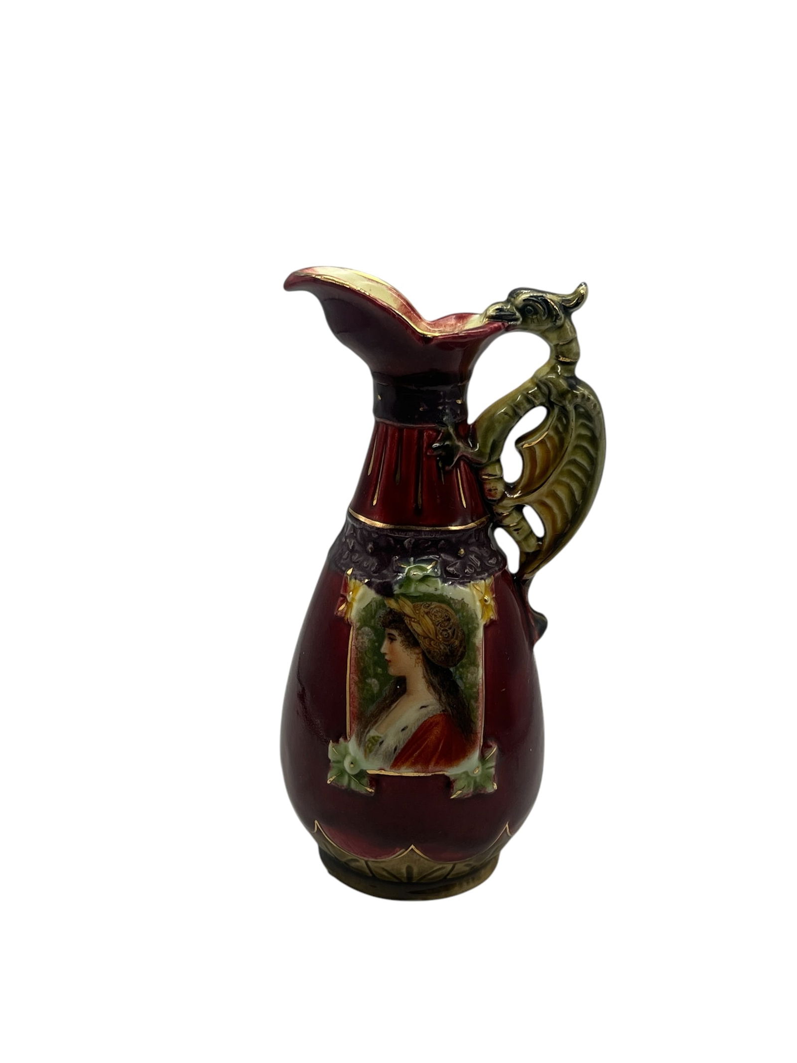 Antique Majolica Pitcher with Dragon Handle & Portrait Medallion (1 of 4)