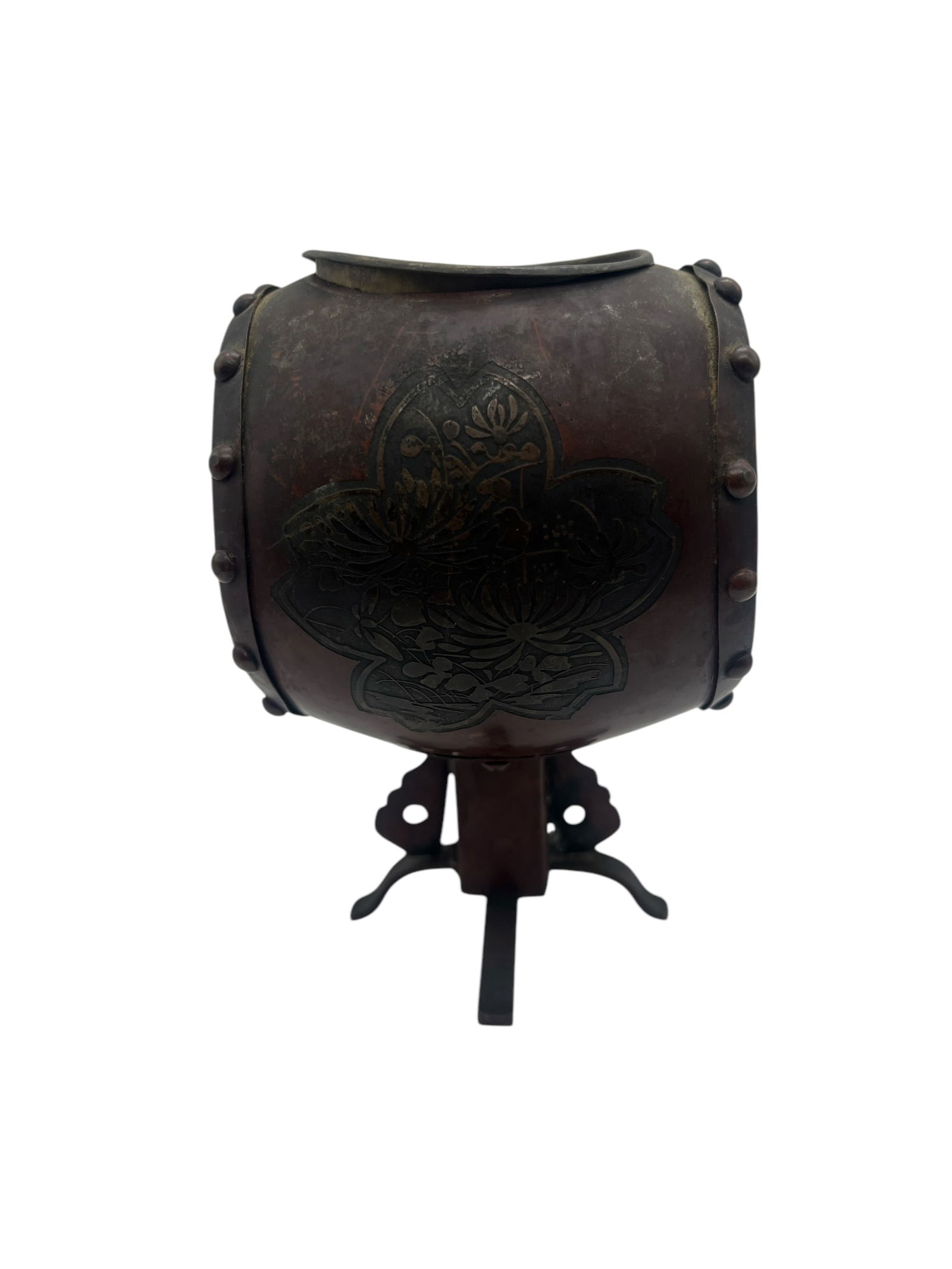Antique Asian Bronze Drum with Lotus Motif on Stand: Add a touch of cultural elegance to your collection with this antique Asian bronze drum, featuring a beautifully detailed lotus motif. The drum's bronze body exhibits a rich, aged patina, highlighting
