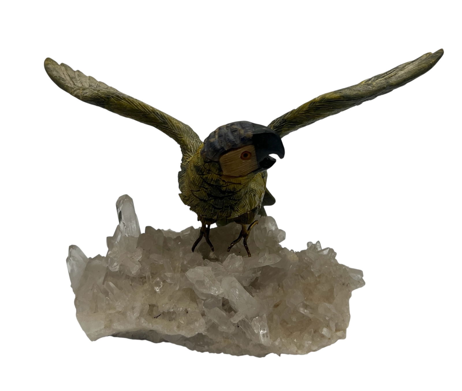 Carved Stone Parrot Sculpture with Quartz Crystal Base (1 of 3)