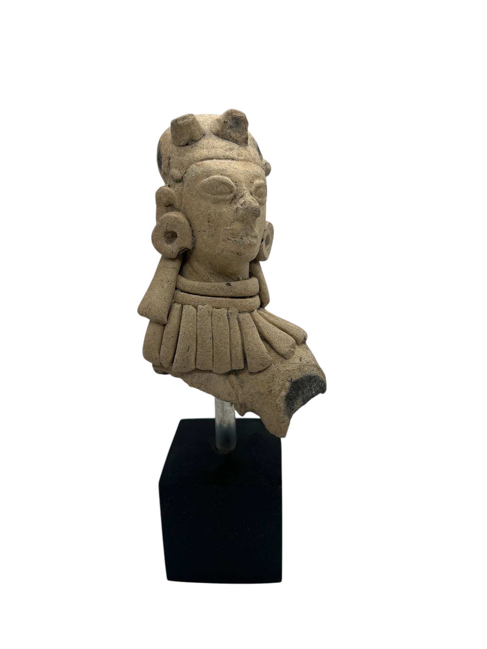 Pre-Columbian Terracotta Female Figure Fragment - Ancient Mesoamerican Art with Display Stand: A fascinating Pre-Columbian terracotta female figure fragment, a tangible piece of ancient Mesoamerican history, presented with a custom display stand for optimal viewing, revealing the artistry and c