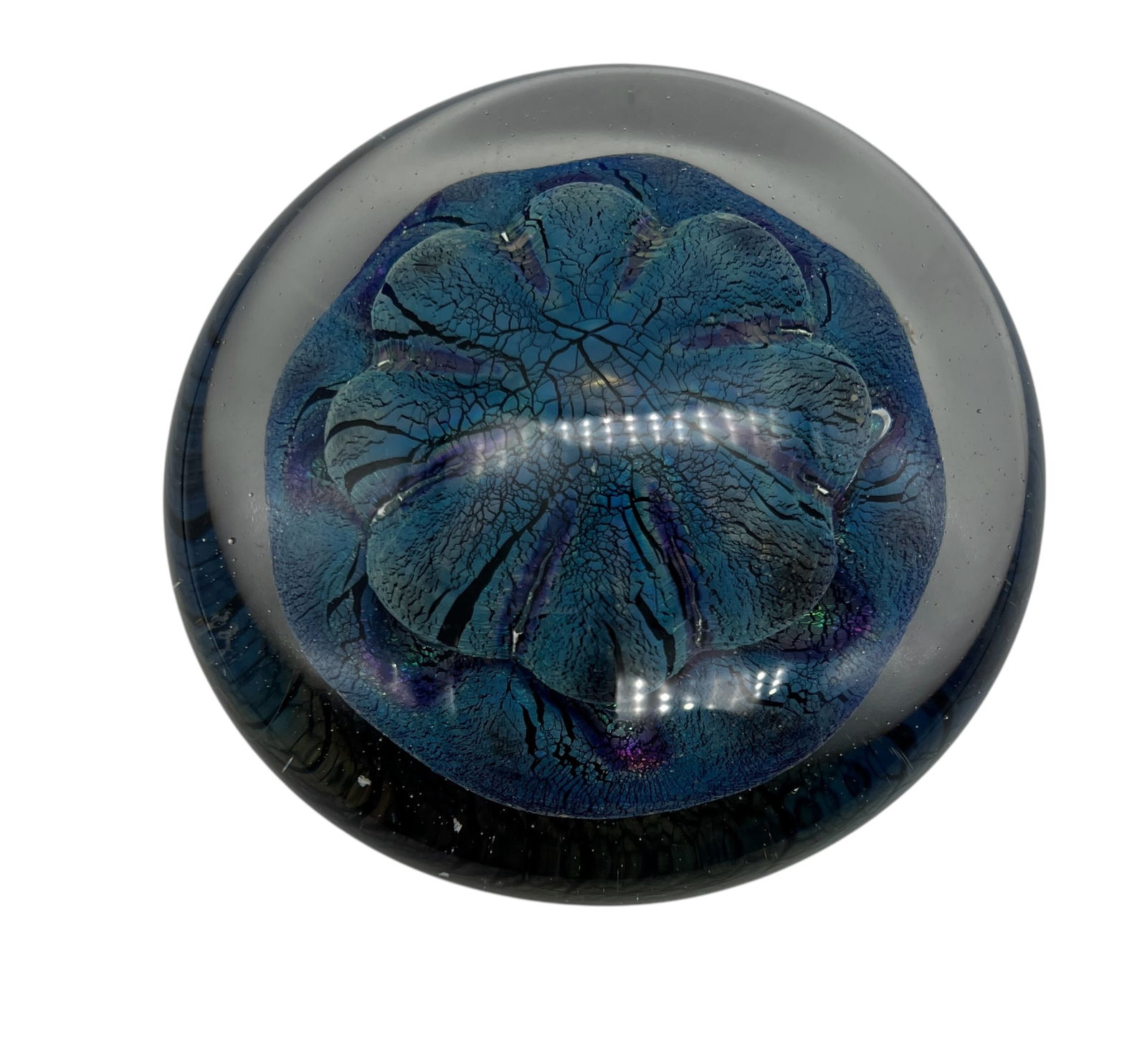 Eickholt Art Glass Dichroic Sea Urchin Paperweight: A stunning art glass paperweight by renowned artist Robert Eickholt, featuring a dichroic glass design that shifts colors in the light, resembling the intricate patterns of a sea urchin, signed "Eickh
