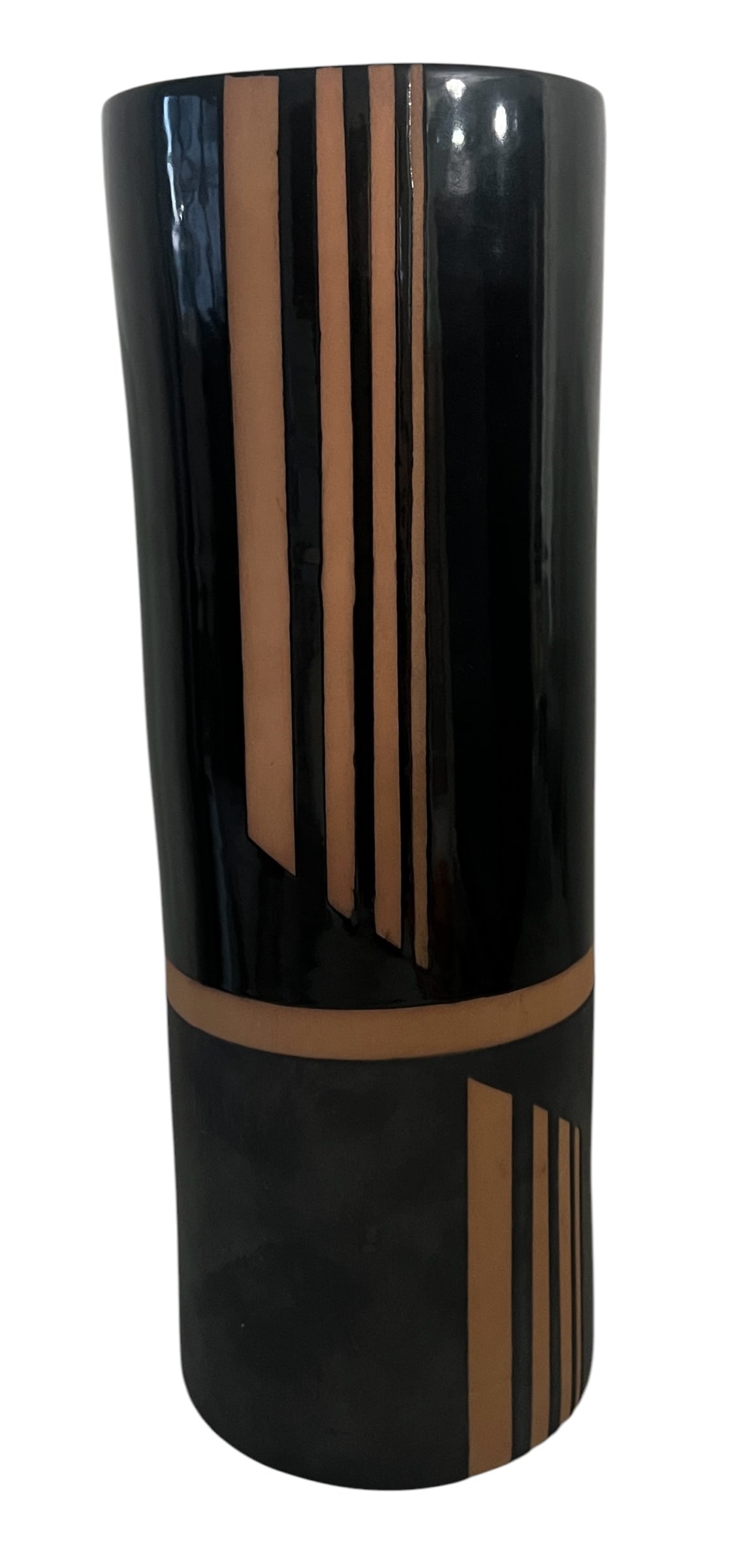 Mid-Century Modern Black and Tan Ceramic Cylinder Vase (1 of 4)