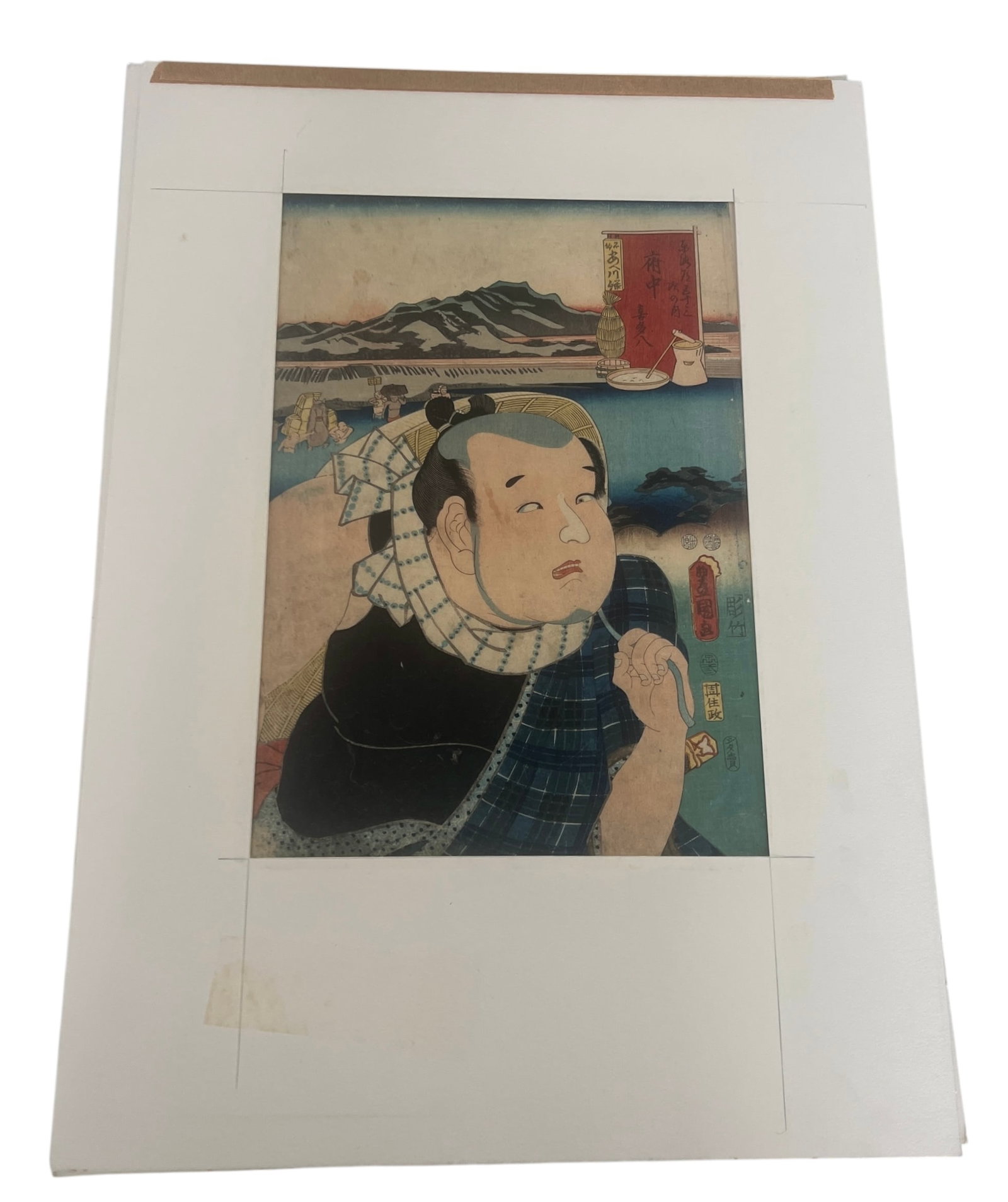 Japanese Woodblock Print Attributed to Utagawa Kunisada (Toyokuni III) Depicting a Portrait of a Man: This compelling woodblock print, attributed to the renowned artist Utagawa Kunisada (also known as Toyokuni III), features a detailed portrait of a man with expressive features and distinctive attire,
