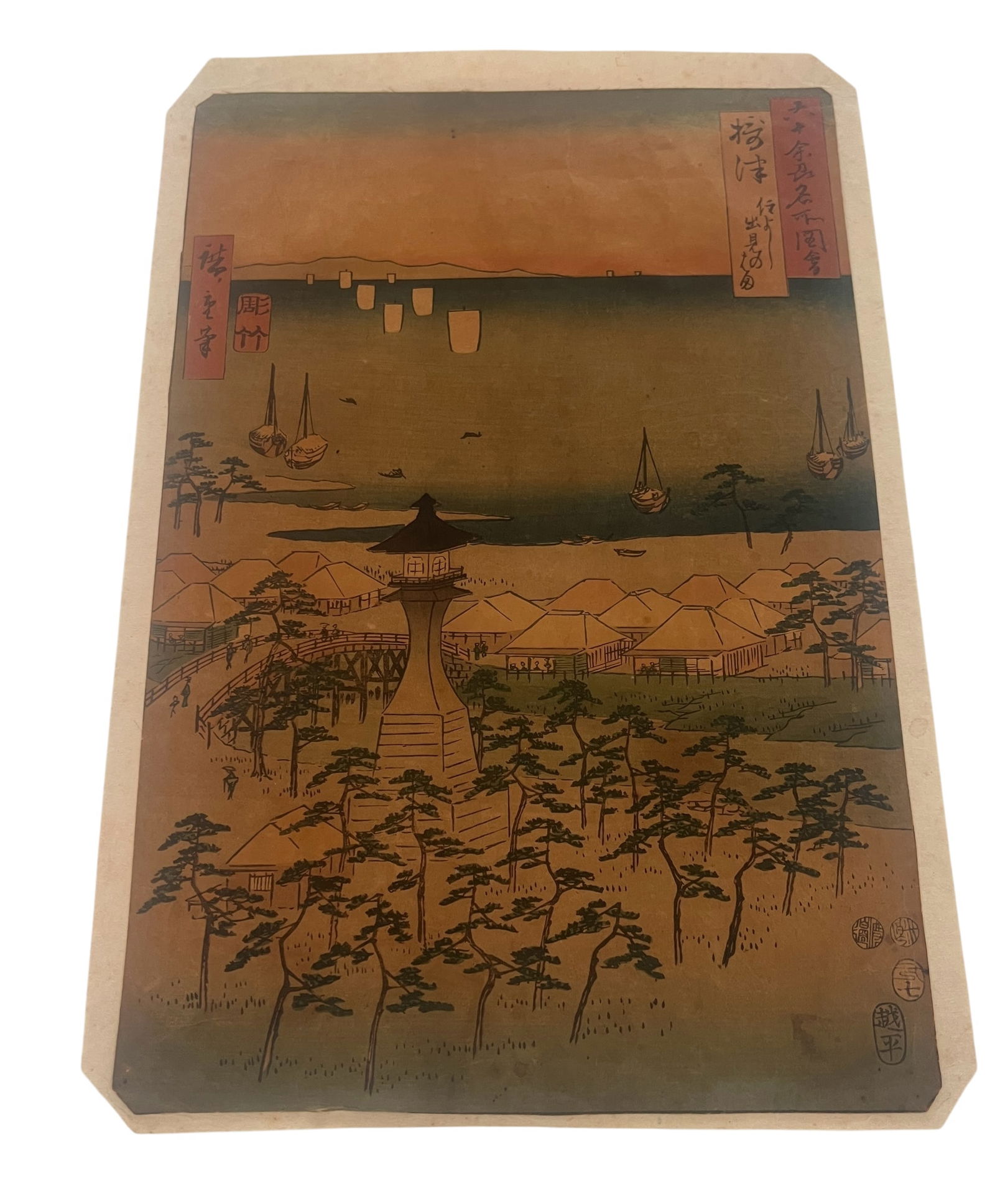 Japanese Woodblock Print by Utagawa Hiroshige II (attributed) Depicting Sumiyoshi Lighthouse at Demi: This captivating woodblock print, attributed to Utagawa Hiroshige II, beautifully captures the serene coastal scene of Sumiyoshi Lighthouse at Demi Beach with boats on the water and lanterns in the sk