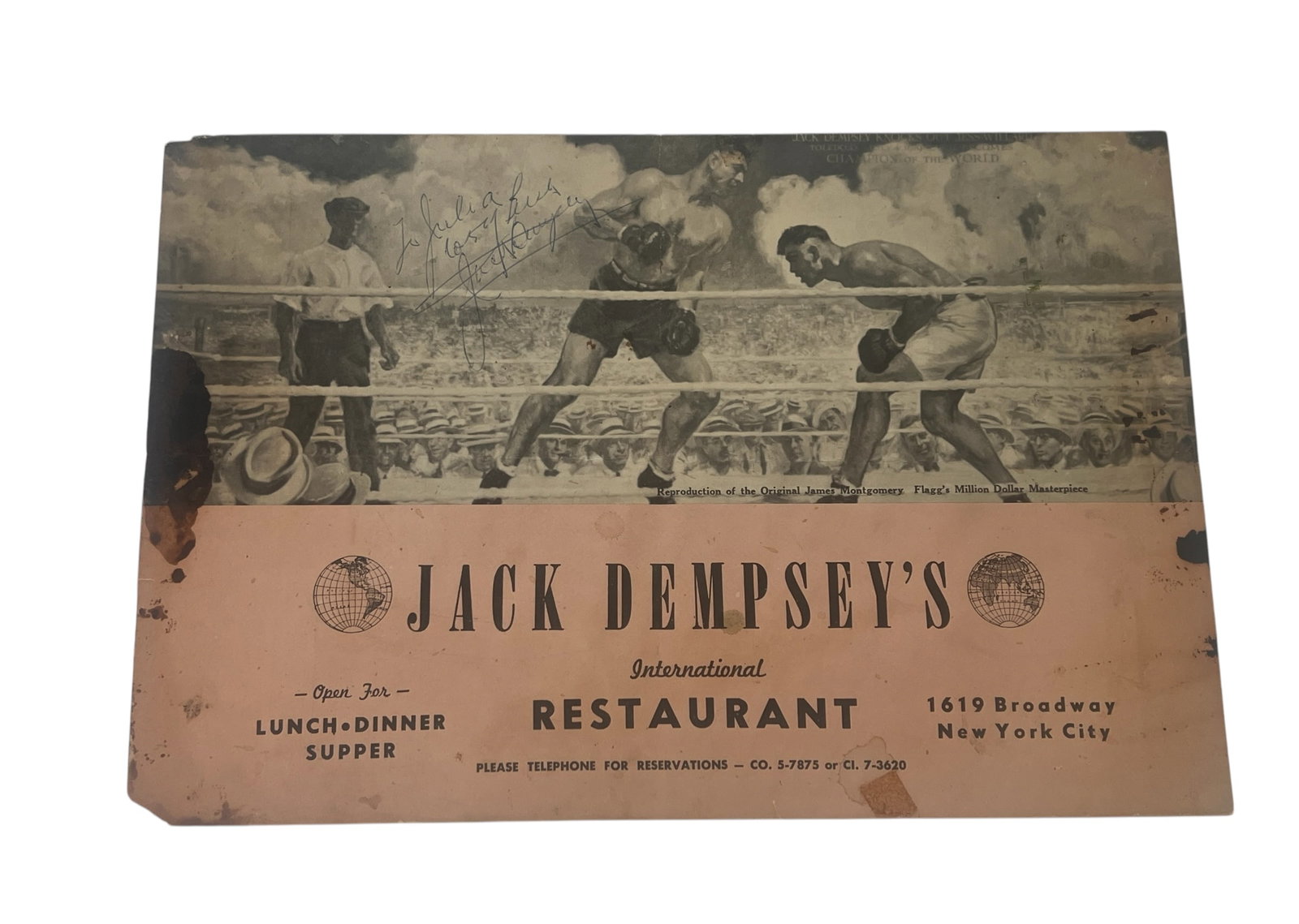 Signed Dempsey's International Restaurant Menu (New York City) with Iconic Boxing Scene: Circa mid-20th century, this rare menu from the legendary boxer's Broadway establishment features a striking image of Dempsey in the ring. A piece of boxing and New York City history, perfect for coll