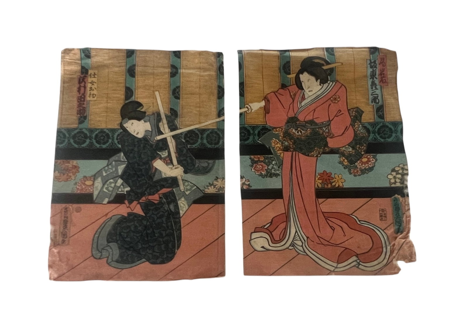 Pair of Antique Japanese Woodblock Prints of Elegant Women: Depicting two graceful female figures in traditional kimonos within domestic settings, showcasing intricate patterns and delicate lines, presented as a diptych.