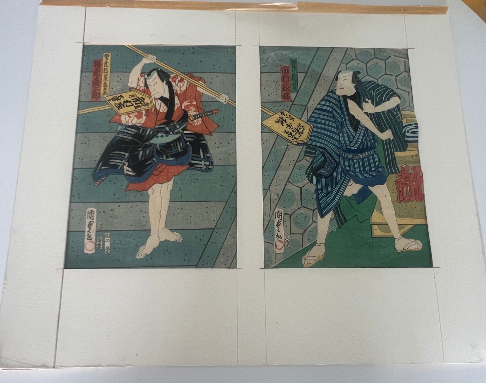Two Antique Japanese Woodblock Prints of Dramatic Figures (1 of 3)