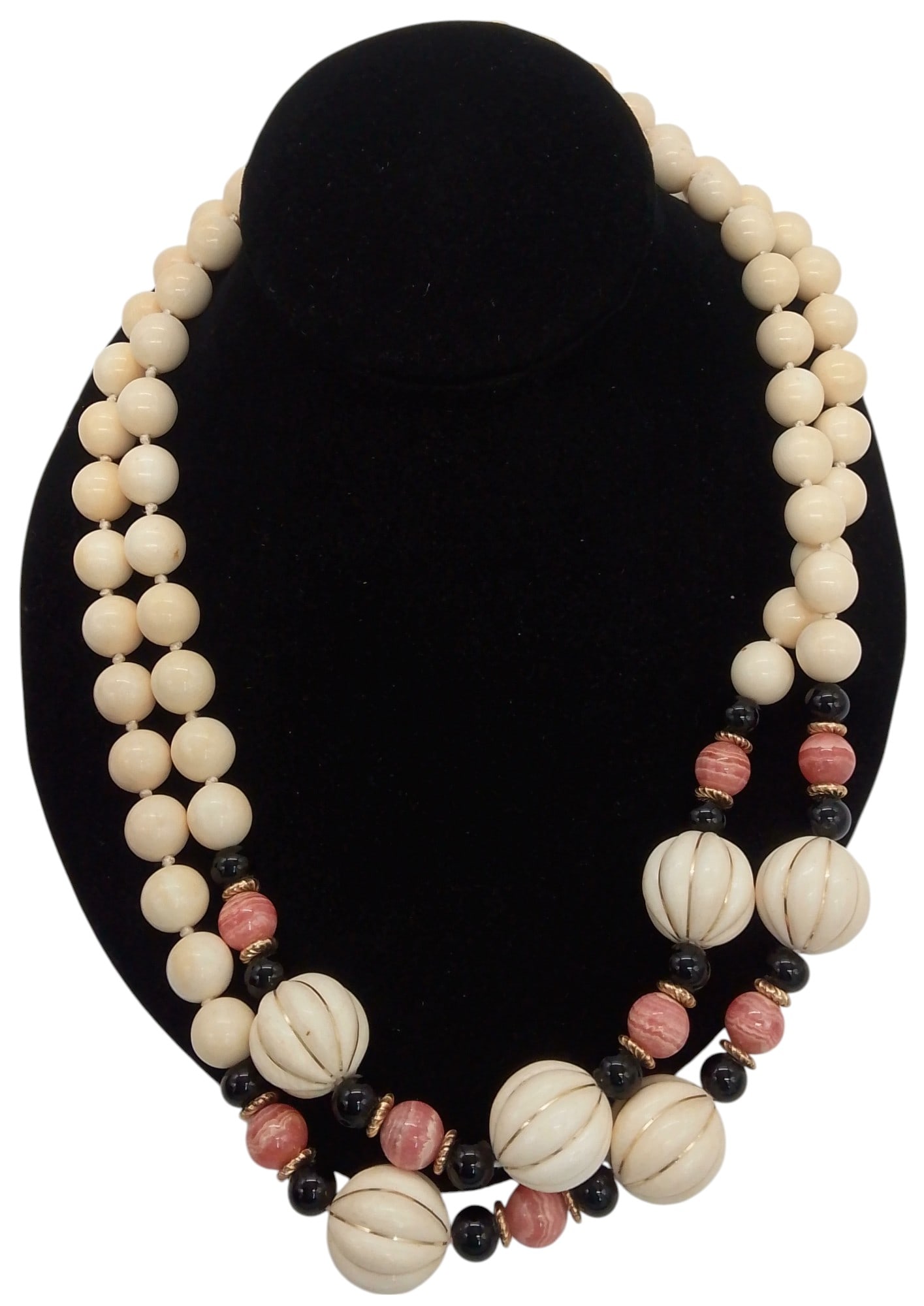 Ivory, Onyx and 14k gold and Cinnabar Beads Necklace: Ivory, Onyx and 14k gold and Cinnabar Beads Necklace