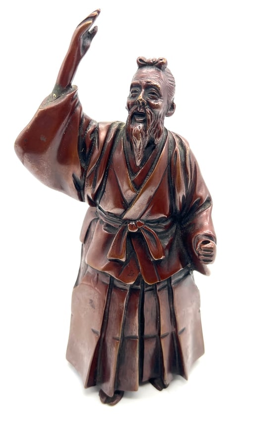 Antique East Asian Bronze Scholar Statue - Ming/Qing Dynasty Style, Raised Arm Pose (1 of 6)