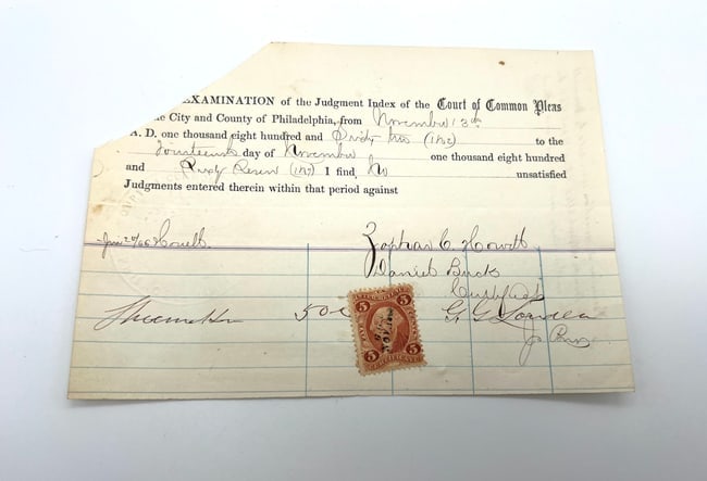 Rare 1822 Philadelphia Court of Common Pleas Judgment Index Document with 1866 Revenue Stamp (1 of 2)