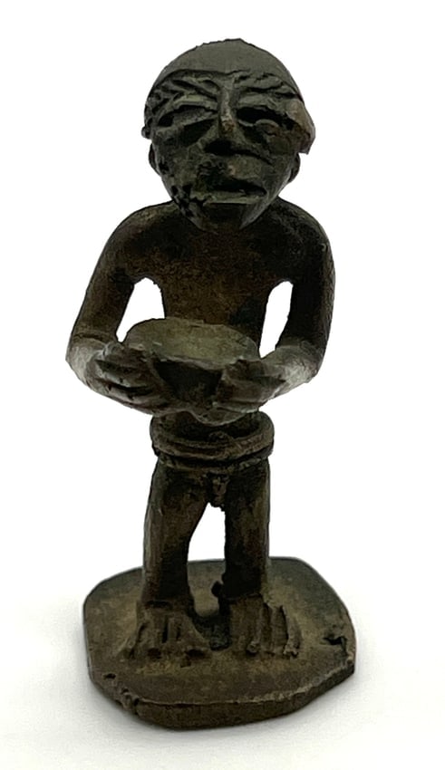 African Antique Bronze Figure Ghana: Brass African Ashanti Akan Gold Weight from 1700-1900 AD It depicts a tribal man figure and was used for measuring gold dust in trade