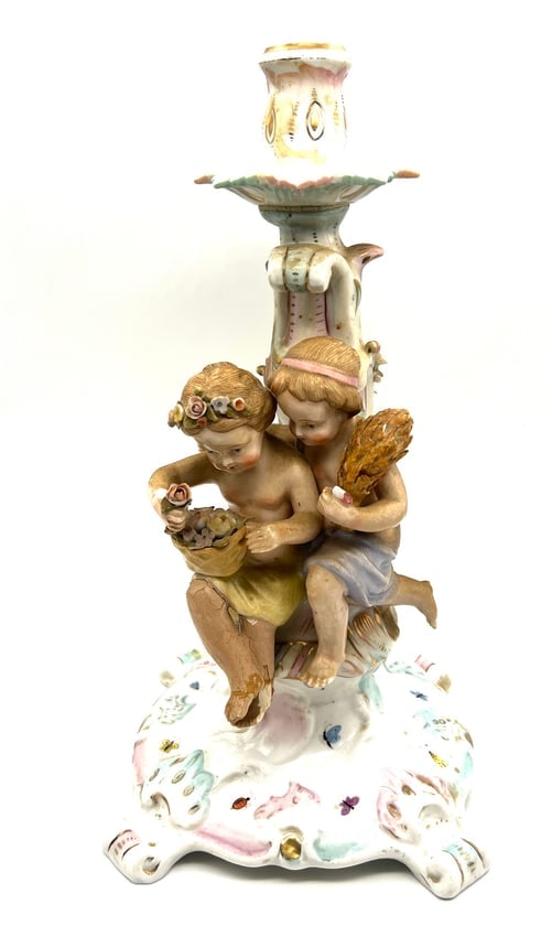 Exquisite Antique Porcelain Cherub Candlestick Holder, Rococo-Style Floral Desig (1 of 6)