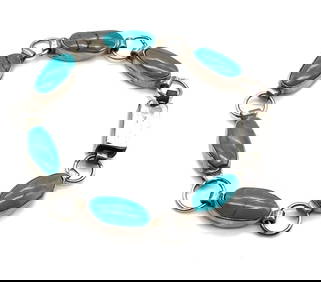 Vintage Handcrafted Turquoise and Silver Oval-Link Bracelet (1 of 4)