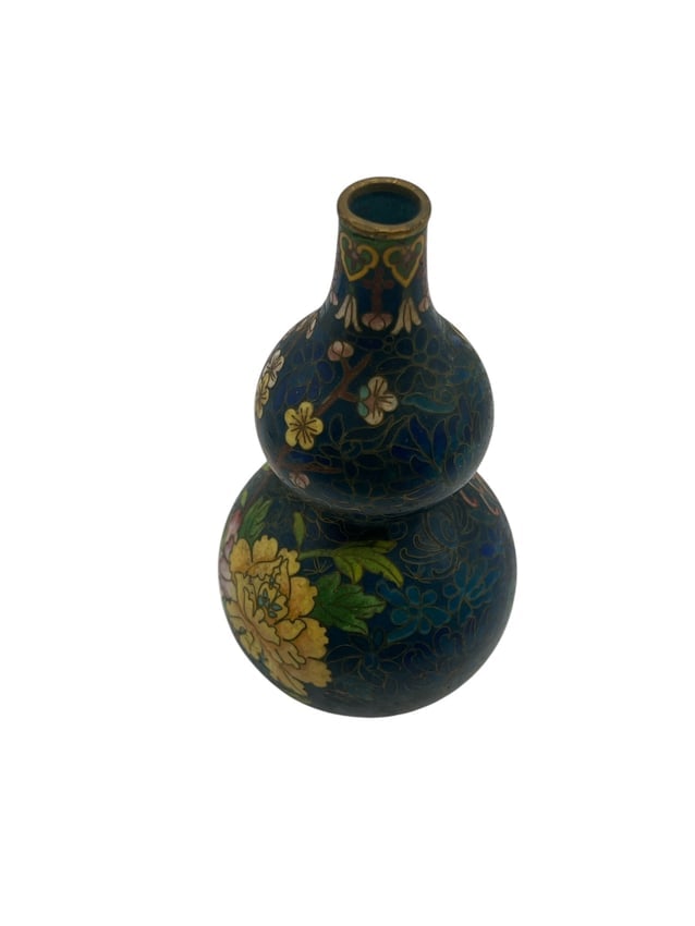 Small Chinese CloisonnÃ© Gourd Vase, Floral Motifs on Dark Blue Ground, Delicate Enamelwork (1 of 2)