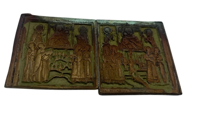 Antique Russian Bronze Icon Triptych with Saints (1 of 3)