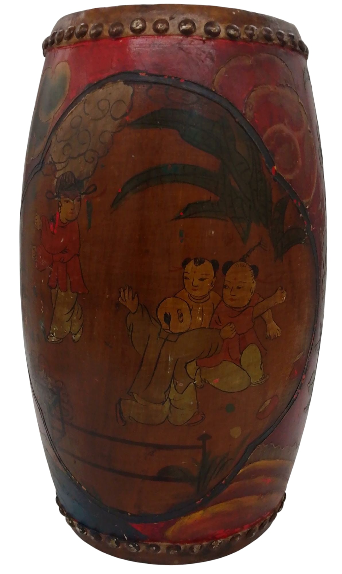 Antique Unique Patterned Chinese Drum: Antique Unique Patterned Chinese Drum (Approx. 12 3/4h*7w*6d