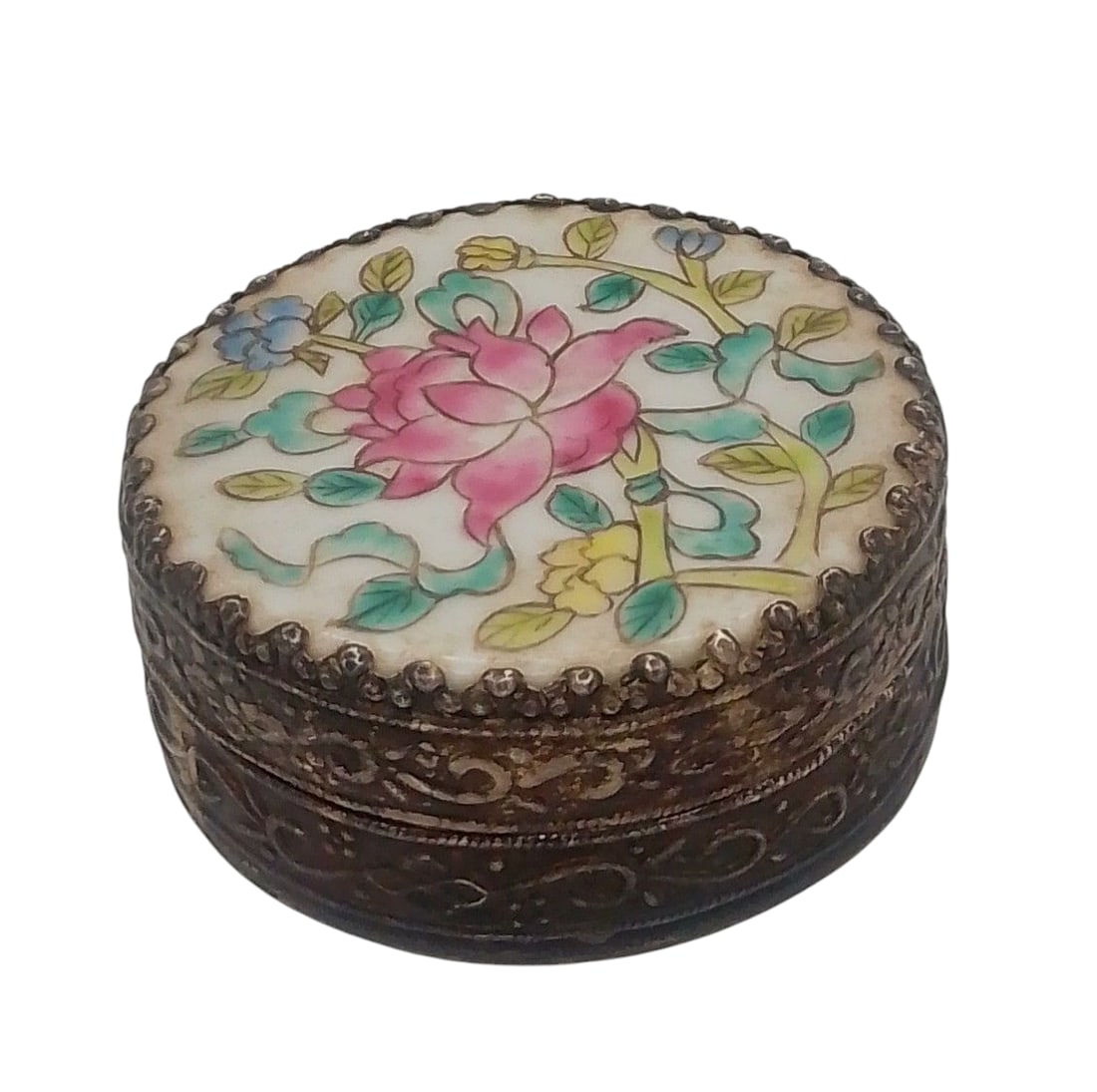 Vintage Oriental Metal Jewelry Box with Lotus Painted Lid (1 of 3)